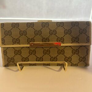 Auth Gucci GG Long Wallet Beige Brown Canvas Leather Women's Purse Italy 3661